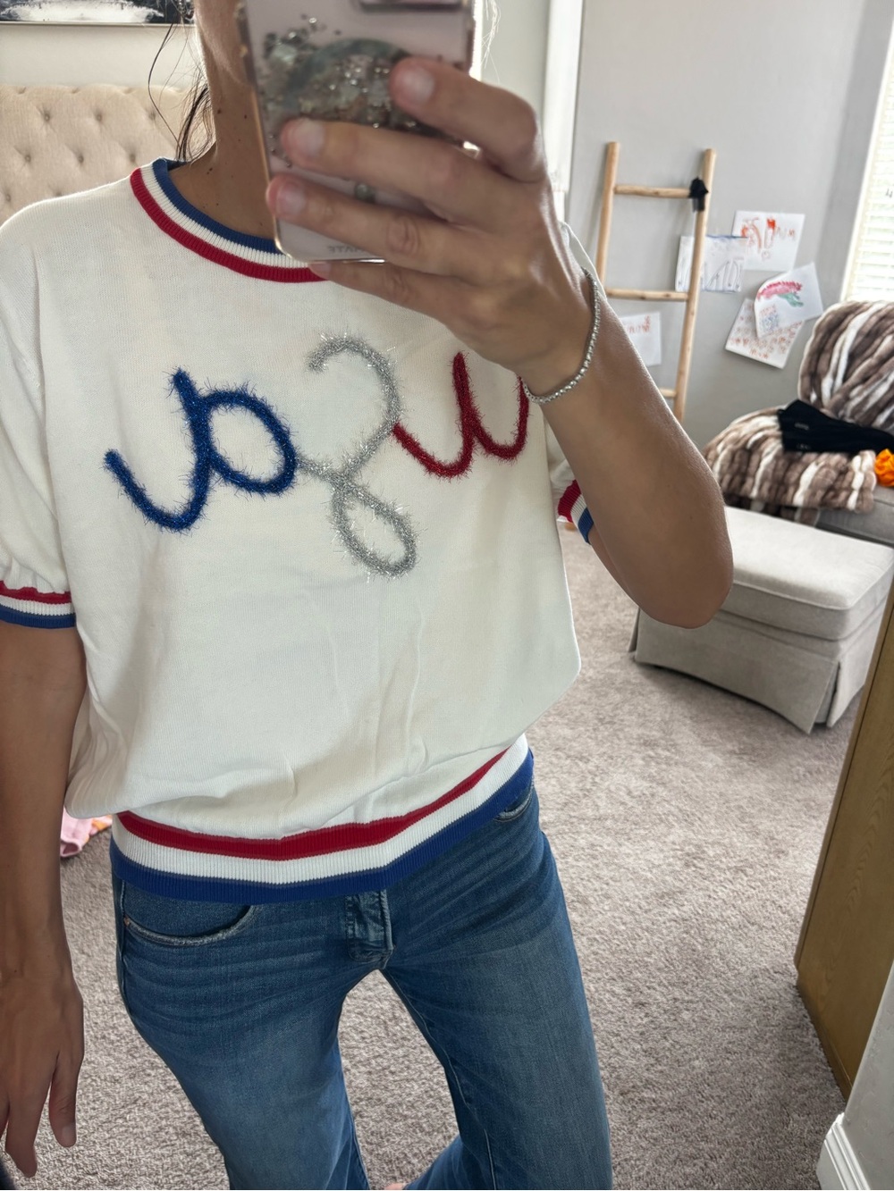 Queen of Sparkles Short-Sleeve Knit Top - White with Red & Blue Tinsel